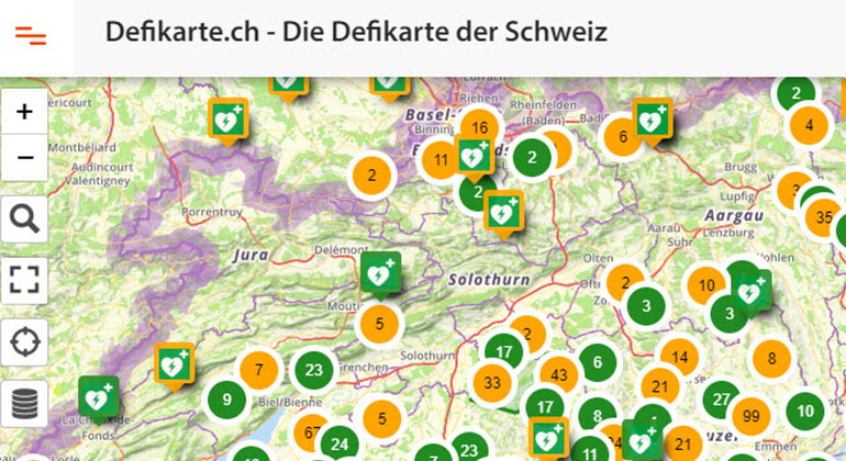 Posizione dei defibrillatori su una mappa: defikarte.ch